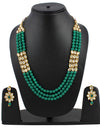 Three Layer Gold Plated Green Kundan Necklace Set with Earrings