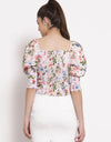 Style Quotient White  Pink Floral Printed Crepe Fitted Top